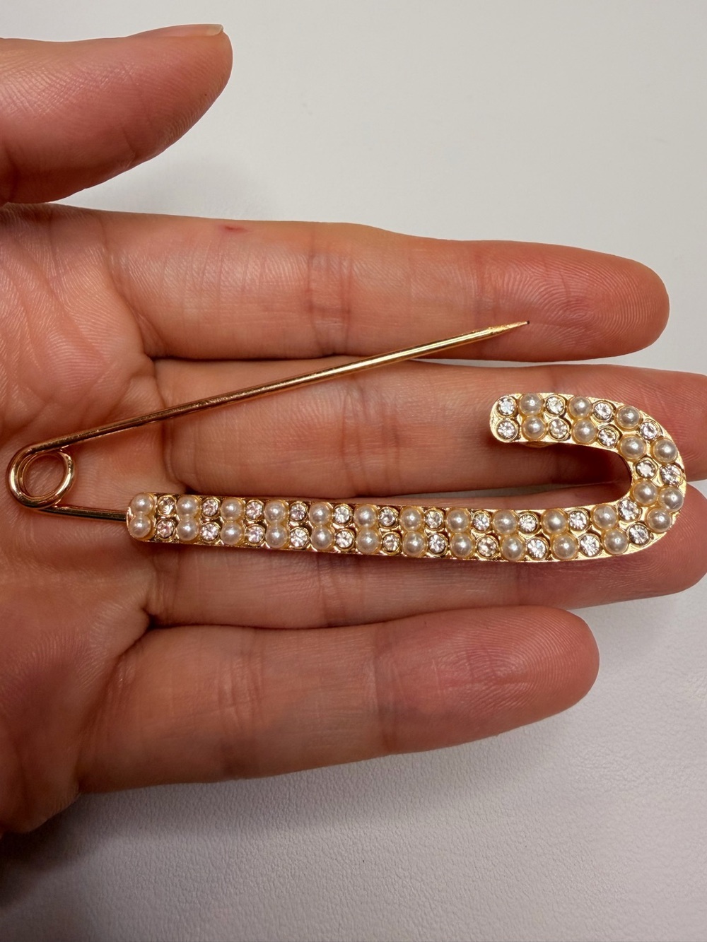 Gold-Tone Safety Pin Brooch with Pearl and Crystal Accents